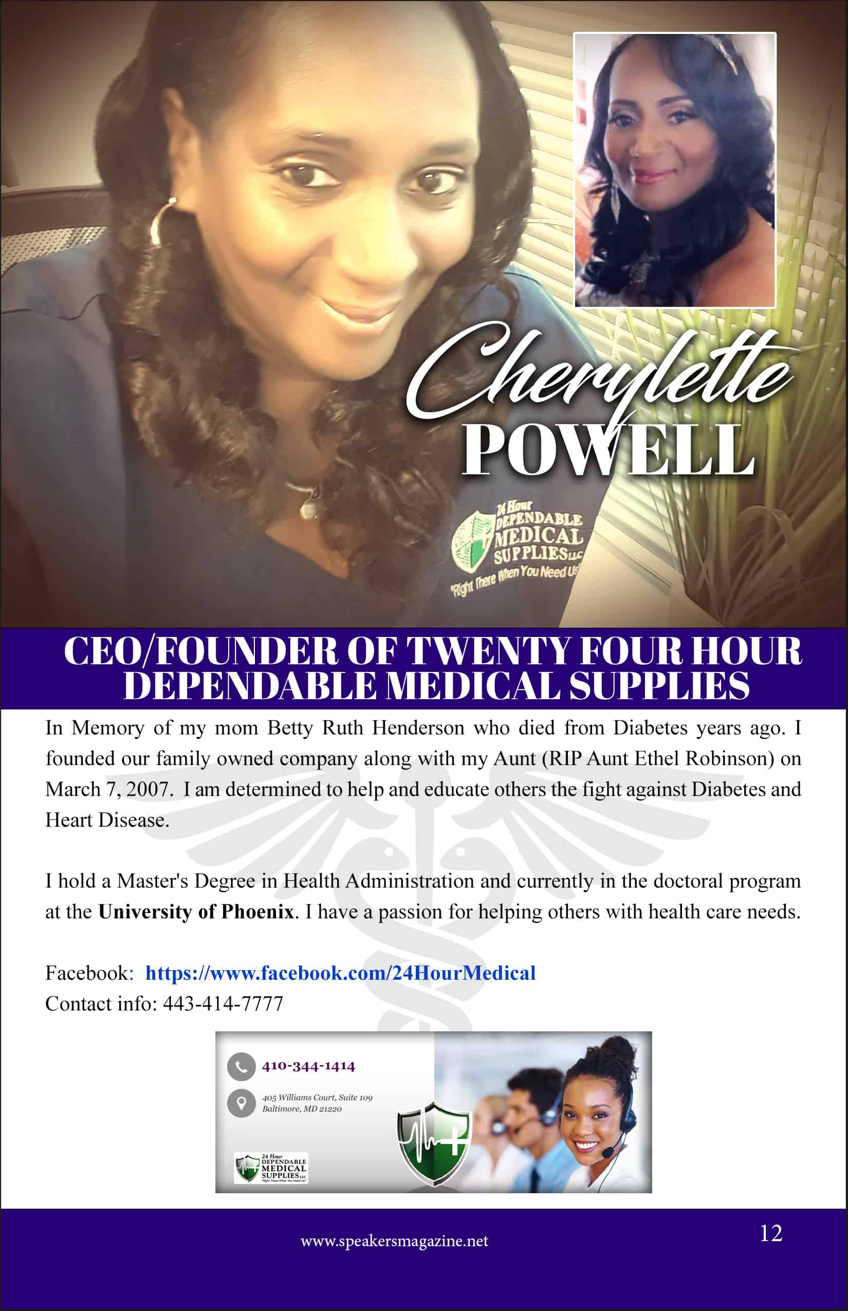 Cherylette Powell CEOFounder of Twenty Four Hour Dependable Medical Supplies